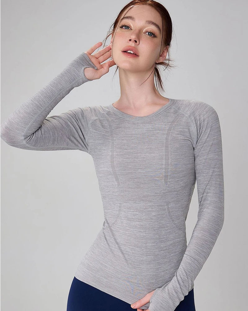 Women Seamless Yoga Top Round Neck Long Sleeve Fitness Shirt