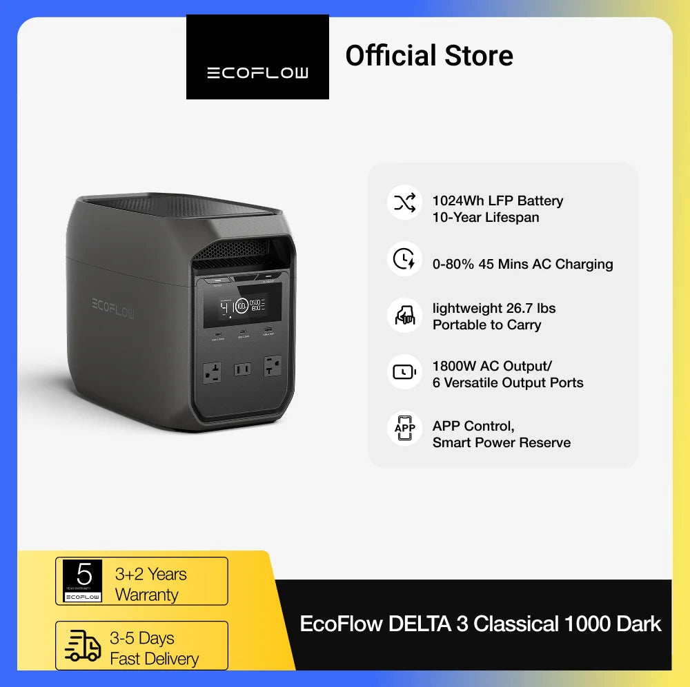EcoFlow DELTA 3 Portable Power Station With LiFePO4 Battery