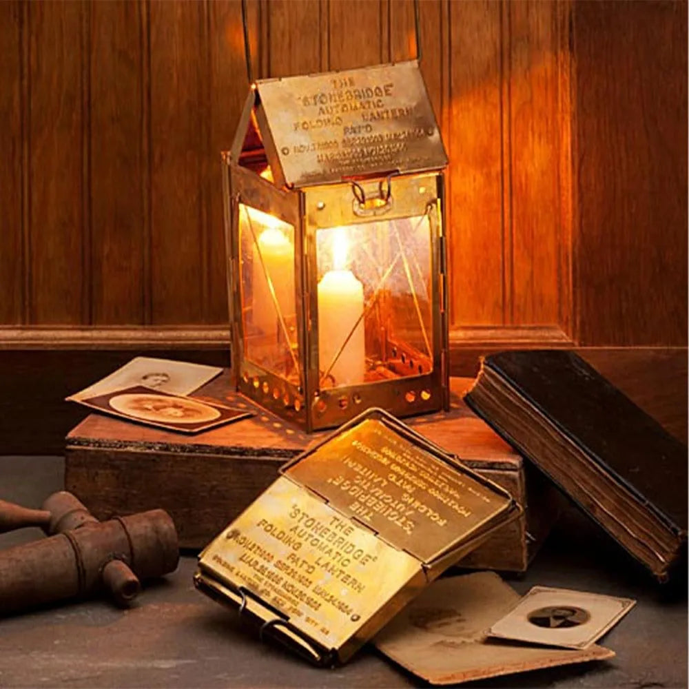 Vintage Folding Brass Camping Lantern With Hanging Handle Emergency Light