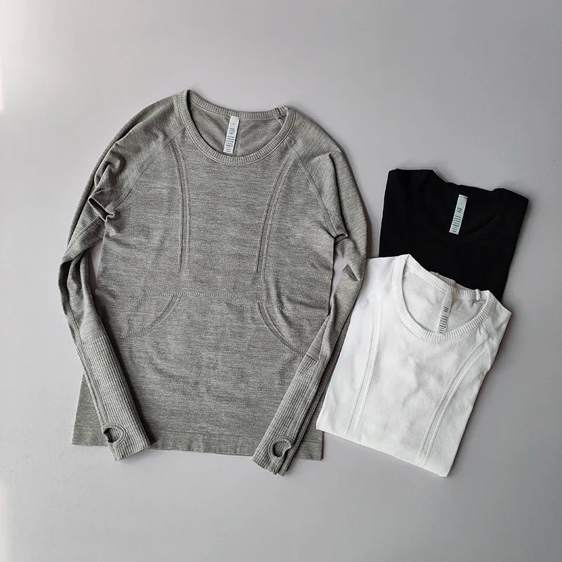 Women Seamless Yoga Top Round Neck Long Sleeve Fitness Shirt