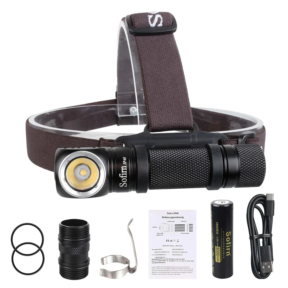 Sofirn SP40 1200lm Bright Headlamp XPL LED EDC 18650 Rechargeable Headlight Outdoor Fishing Torch with Magnet Tail Cap