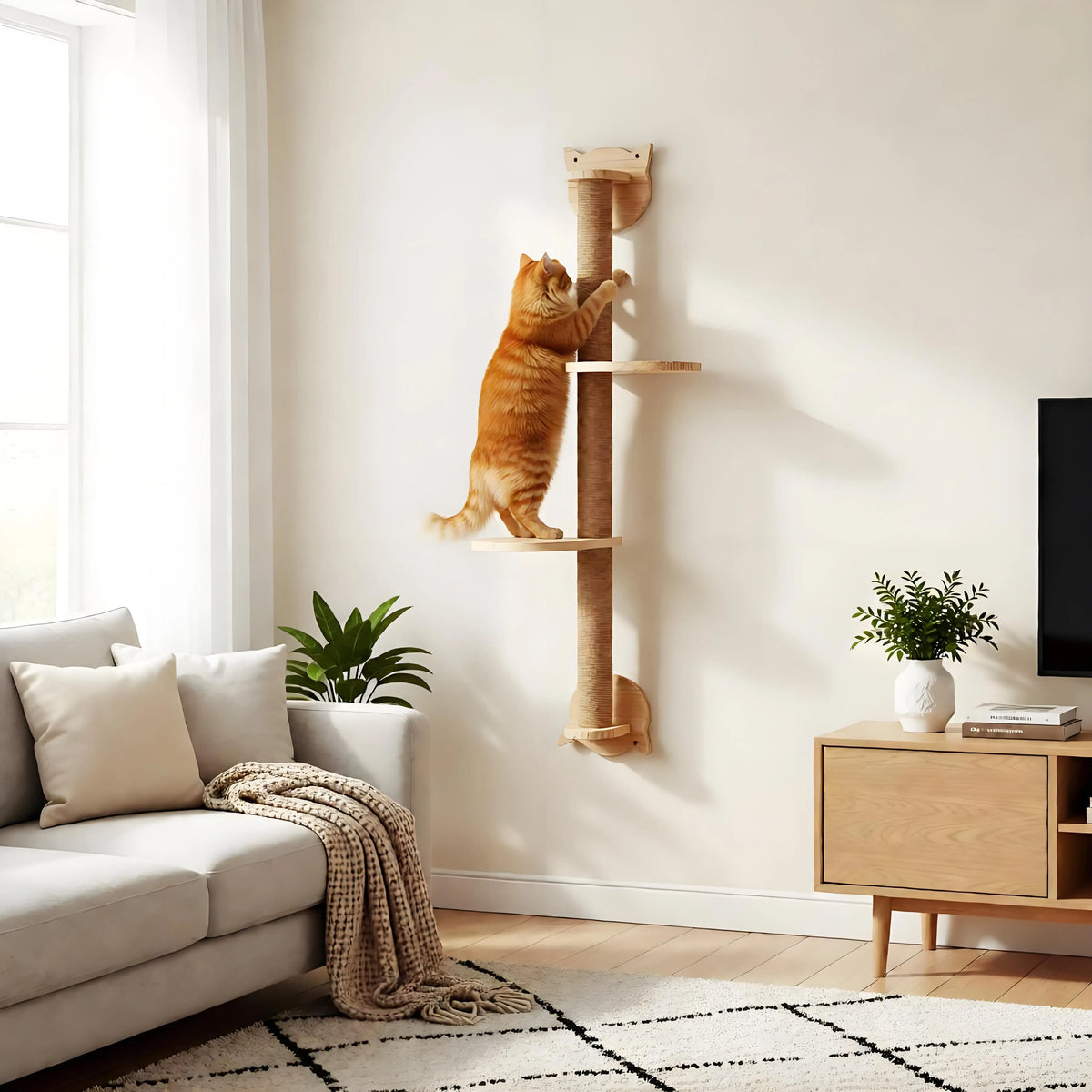 Wall Mounted Cat Tree With Sisal Scratching Posts And Hammock