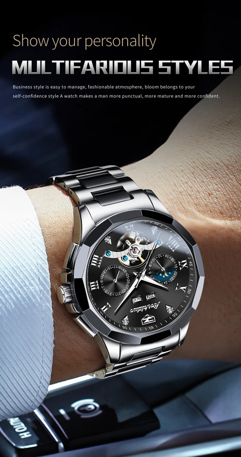 JSDUN Moon Phase Men's Automatic Watch Elegant Ceramic Strap Stainless steel Skeleton Chronograph Date TOP Brand Man Watches NEW