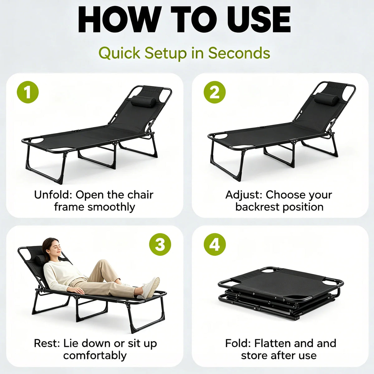 Adjustable Folding Camping Lounge Chair With Removable Cushion