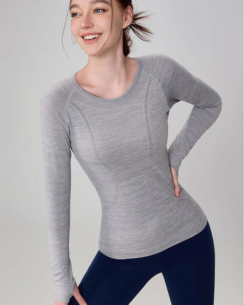 Women Yoga Tops Round Neck Seamless Running Shirt Nylon Elastane