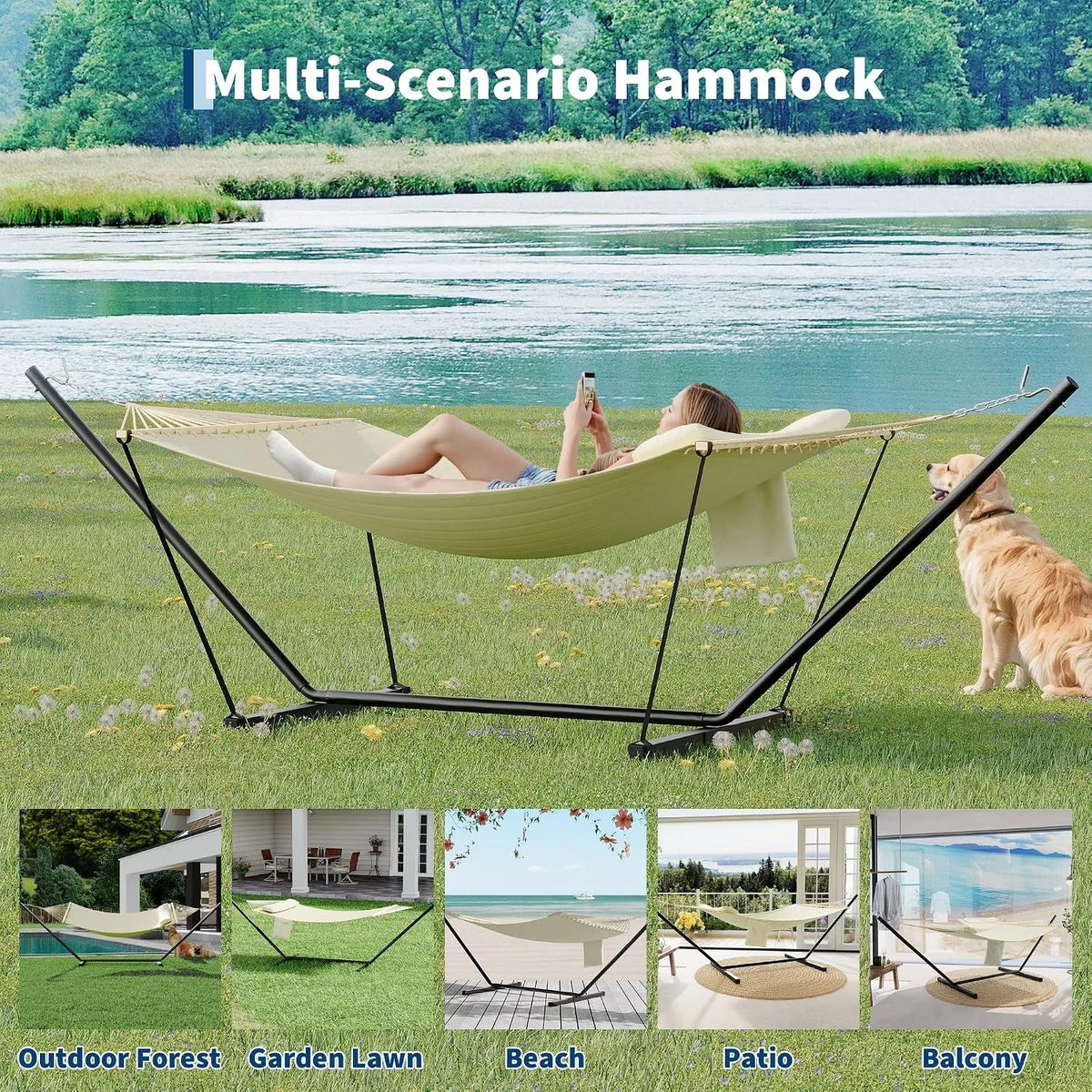 Hammock With Stand, Balance Rope And Pillow For Outdoor Relaxation