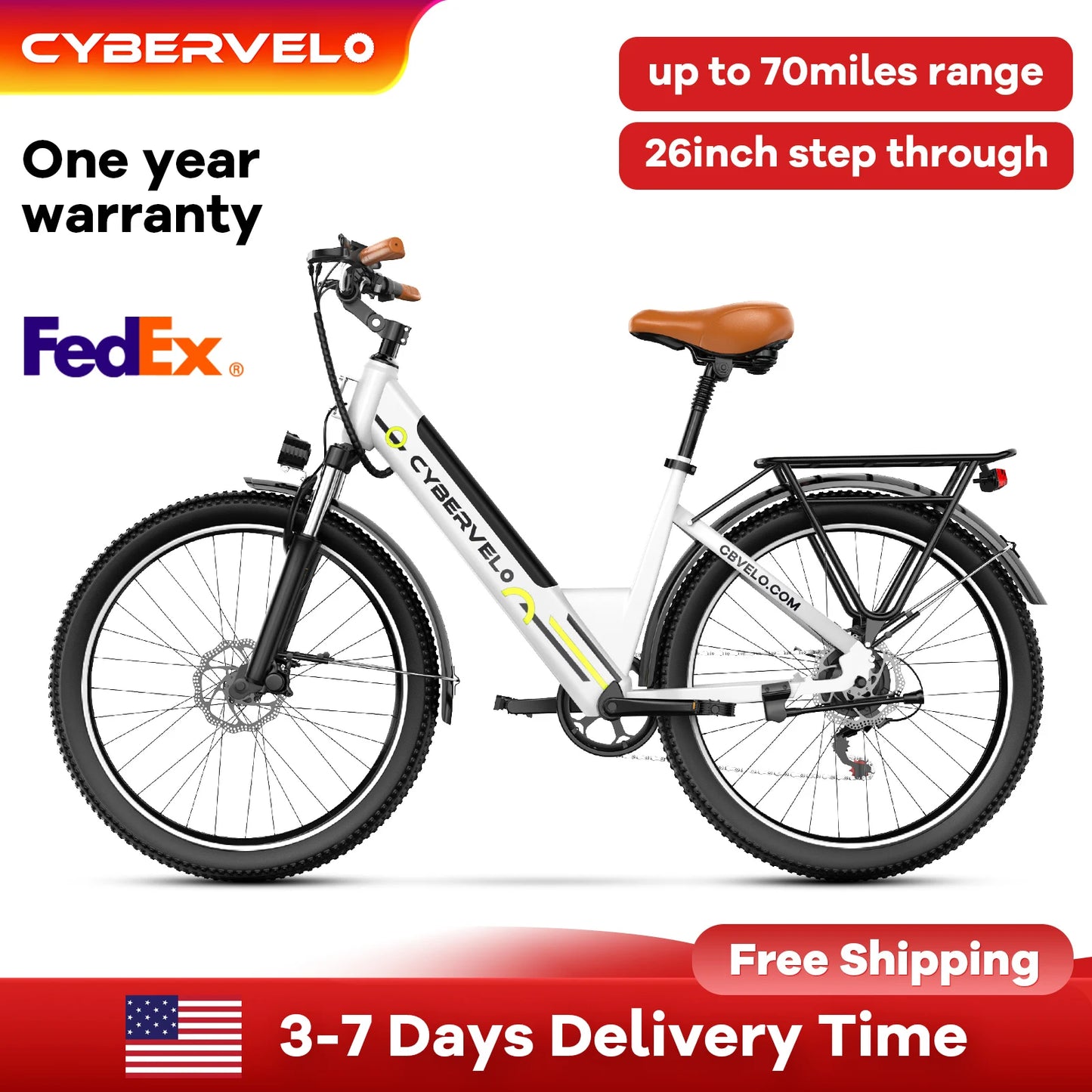 Cybervelo Urban Commute E-Bike, 48V 1000W Peak Motor, Detachable Battery 7-Speed shift Electric Bike, 26“ Step-Thru adults EK2