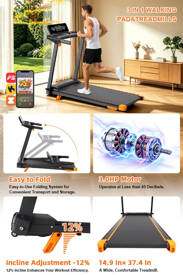 Foldable Walking Pad Treadmill With Incline And Bluetooth Speaker