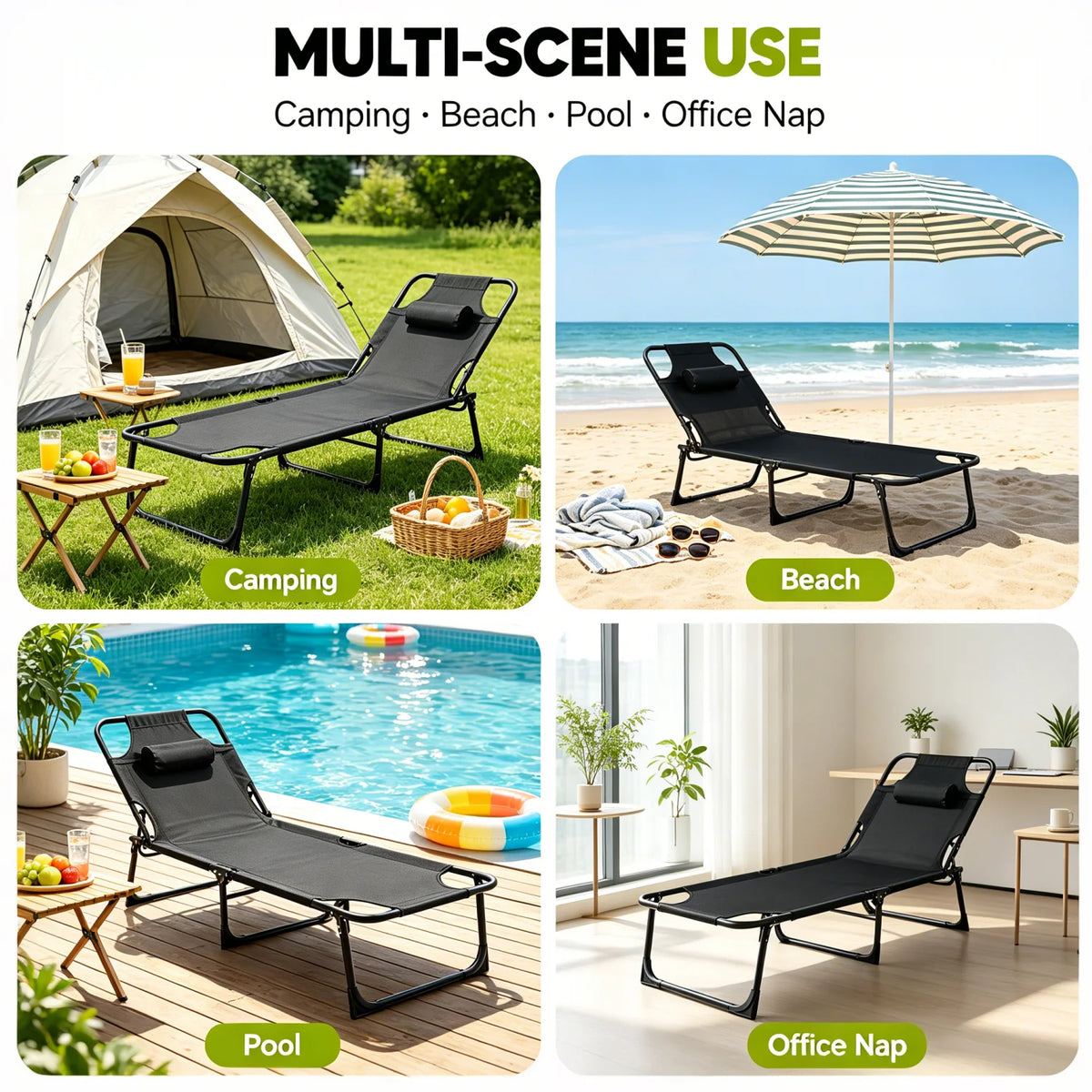 Adjustable Folding Camping Lounge Chair With Removable Cushion