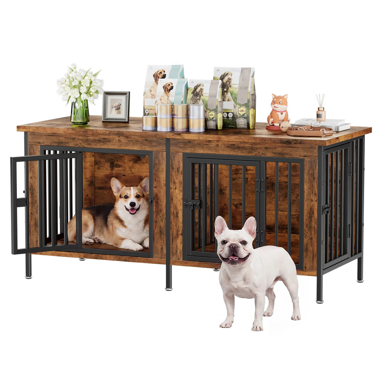 JHK Wooden Double Door Dog Kennel With Divider Furniture