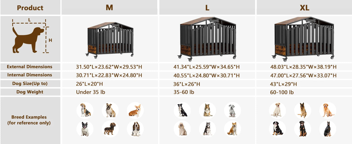 31"/41"/48“ XL Heavy Duty Dog Crate Furniture with Wheels, Dog Crates for Large Dogs Extra-Wide Thick Steel Plates for Chew Res