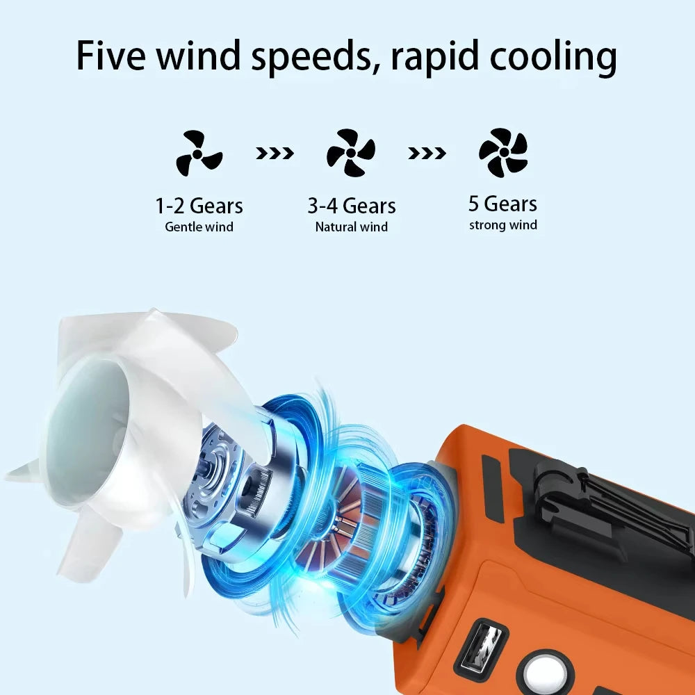 Portable 10000mAh Waist Clip Fan USB Rechargeable Five Speed