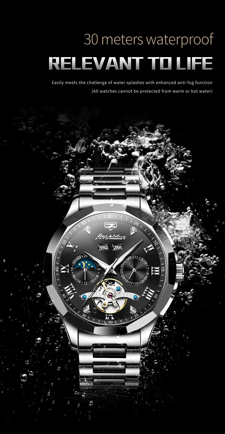 JSDUN Moon Phase Men's Automatic Watch Elegant Ceramic Strap Stainless steel Skeleton Chronograph Date TOP Brand Man Watches NEW