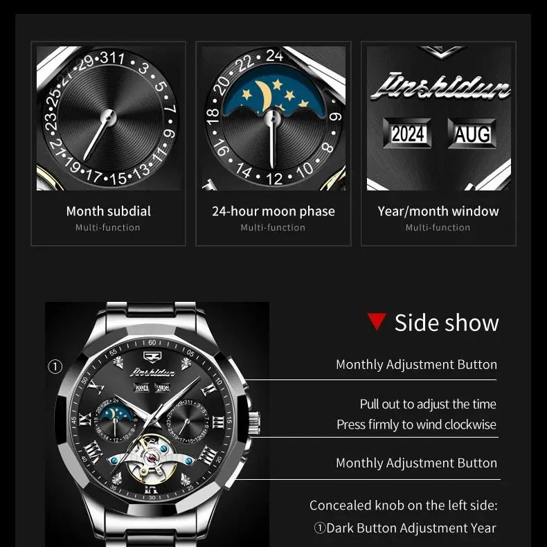 JSDUN Moon Phase Men's Automatic Watch Elegant Ceramic Strap Stainless steel Skeleton Chronograph Date TOP Brand Man Watches NEW