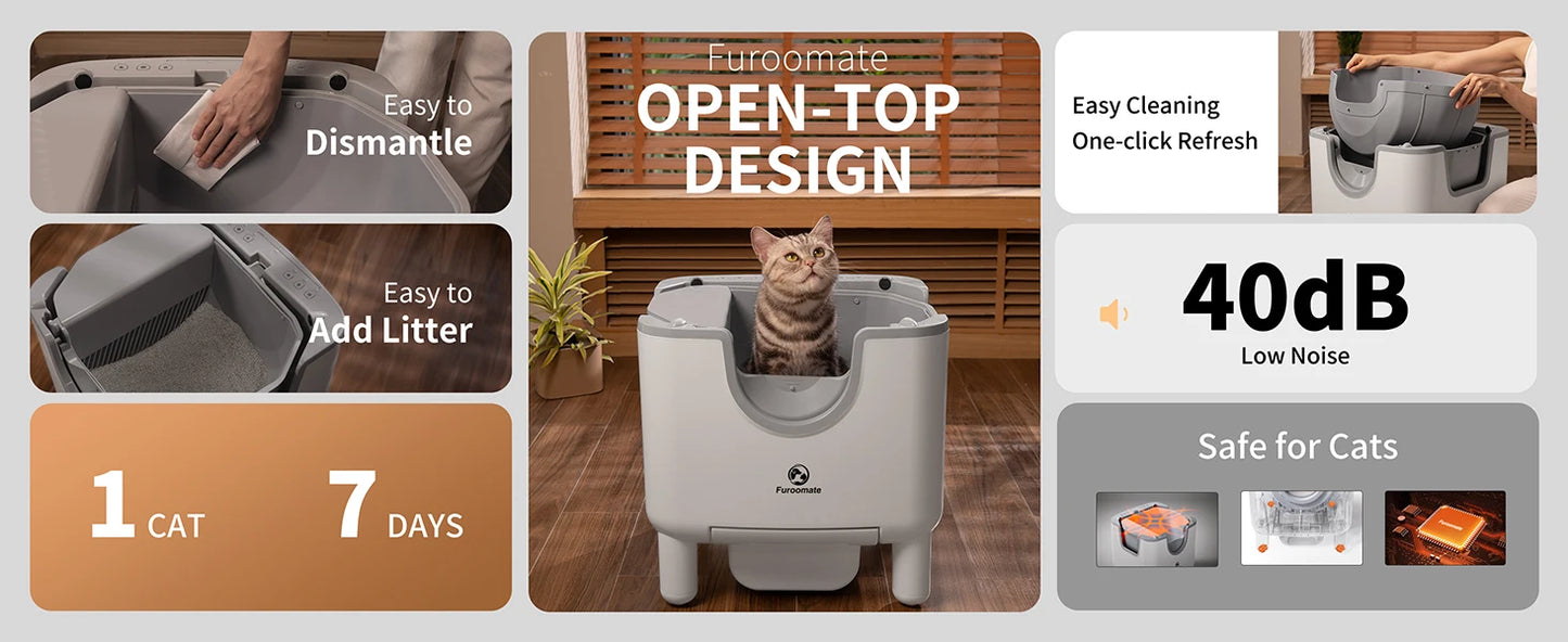 F6 Self-Cleaning Litter Box - Open-Top Automatic Cat Litter Box with Odor Control, Safety Features, and Easy Maintenance