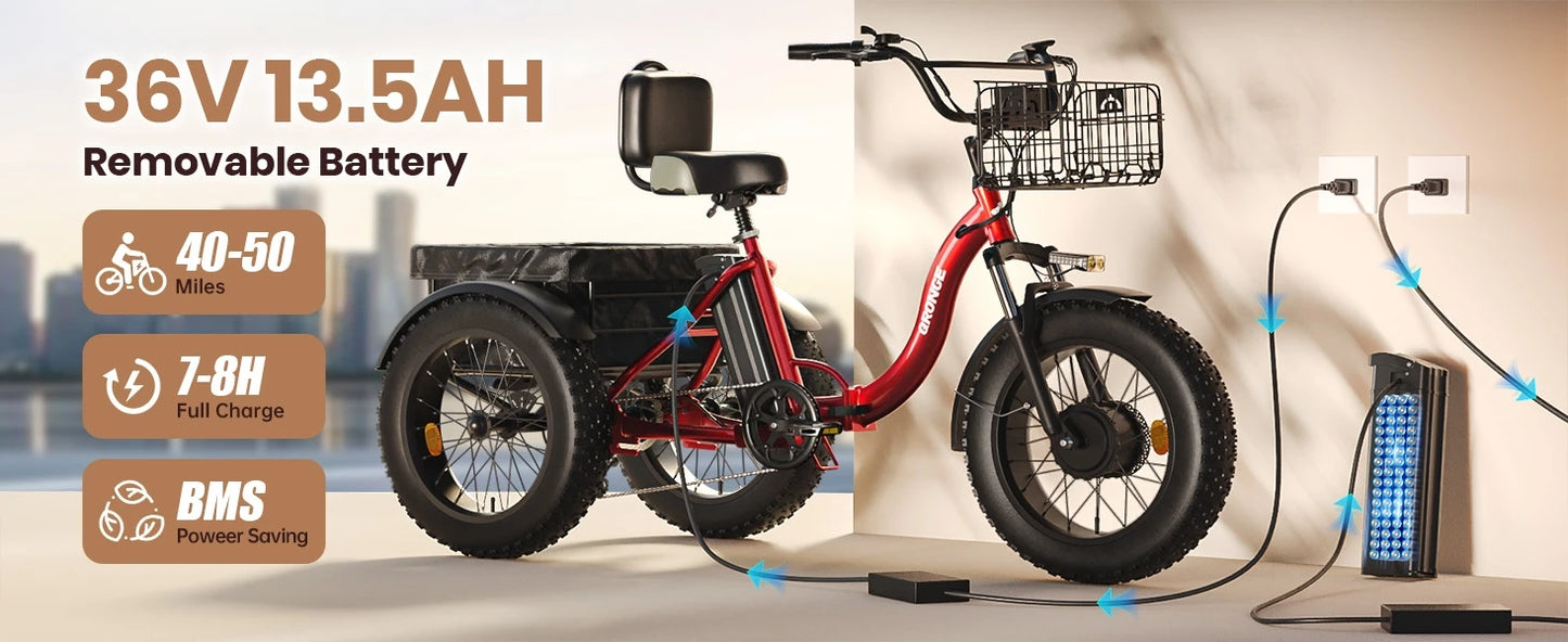 QRONGE 960W Fat Tire Folding Electric Tricycle For Adults