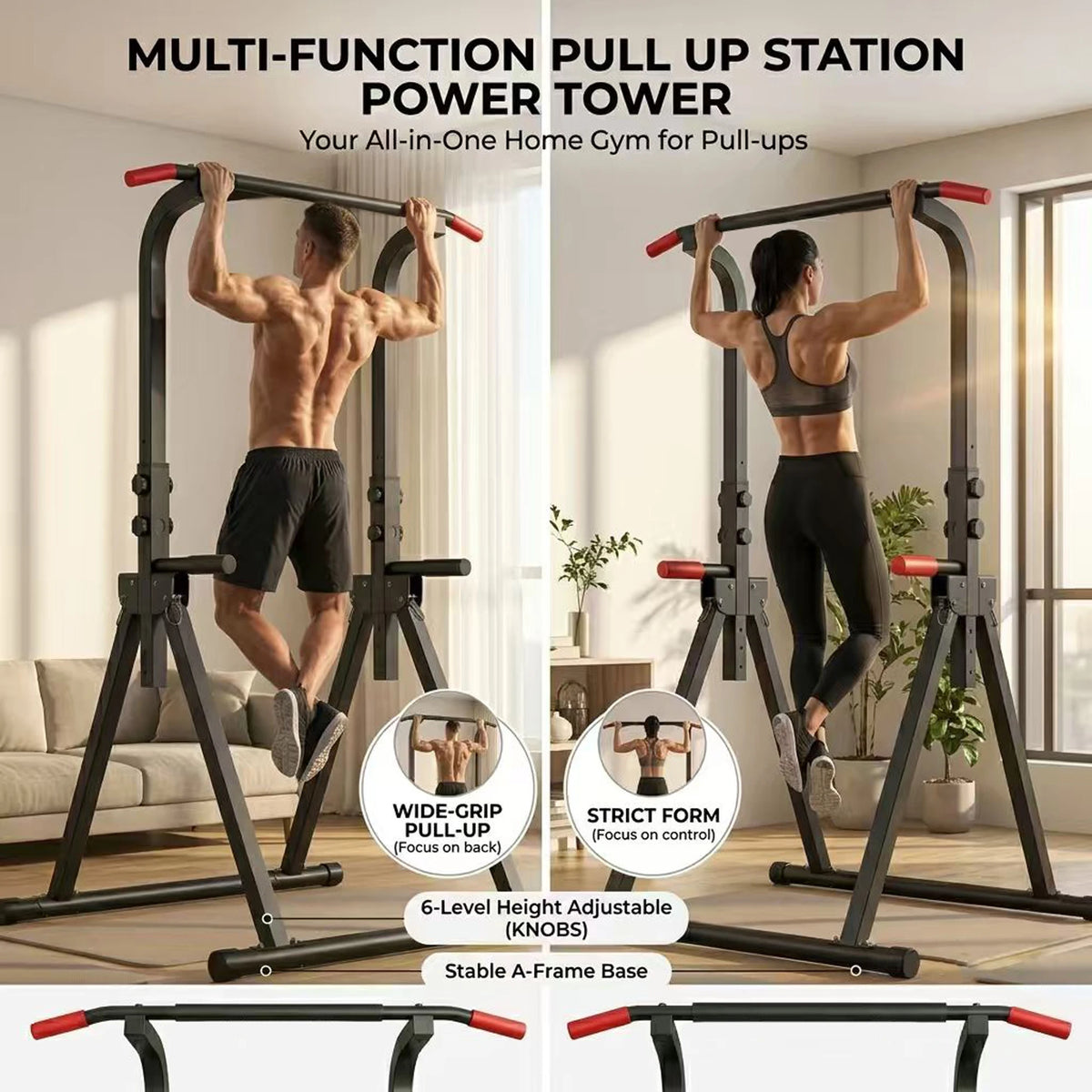 Foldable Power Tower Pull Up Bar Dip Station Strength Home Gym