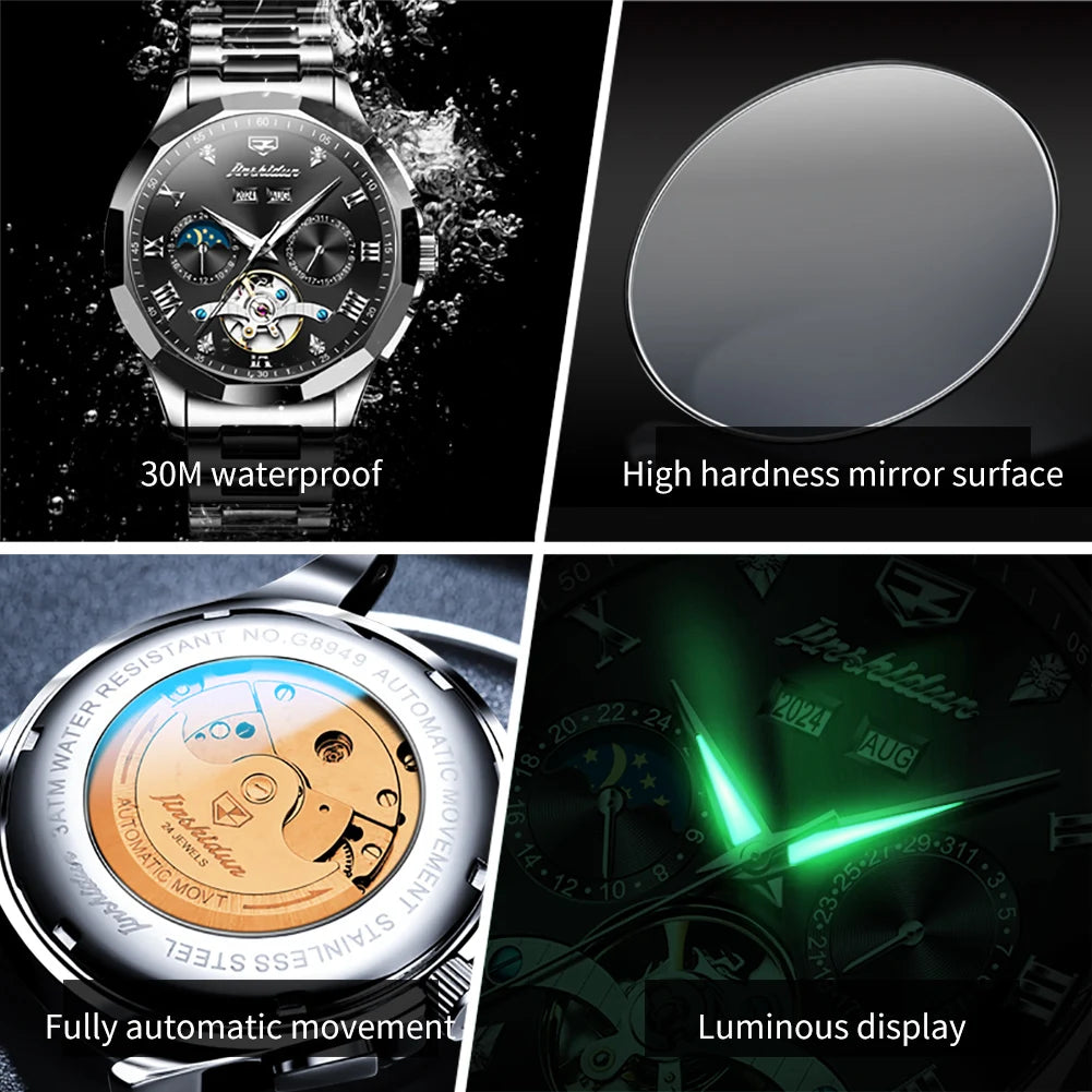 JSDUN Moon Phase Men's Automatic Watch Elegant Ceramic Strap Stainless steel Skeleton Chronograph Date TOP Brand Man Watches NEW