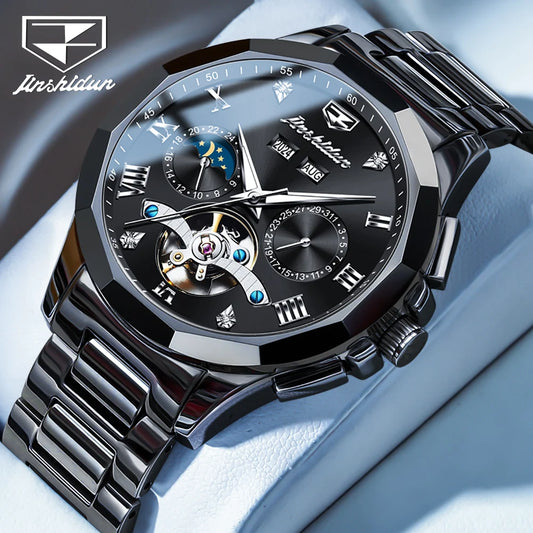 JSDUN Moon Phase Men's Automatic Watch Elegant Ceramic Strap Stainless steel Skeleton Chronograph Date TOP Brand Man Watches NEW