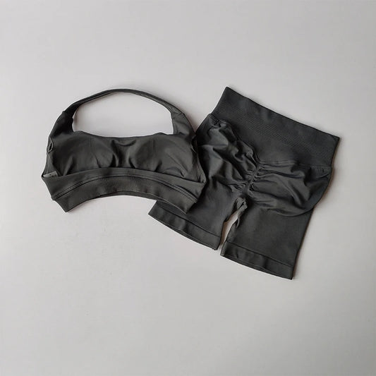 Sexy Halter Neck Beautiful Back High Waist Peach Sports Bras Shorts Suit Pilates Gathering Yoga Vest Training Fitness Bra Sets