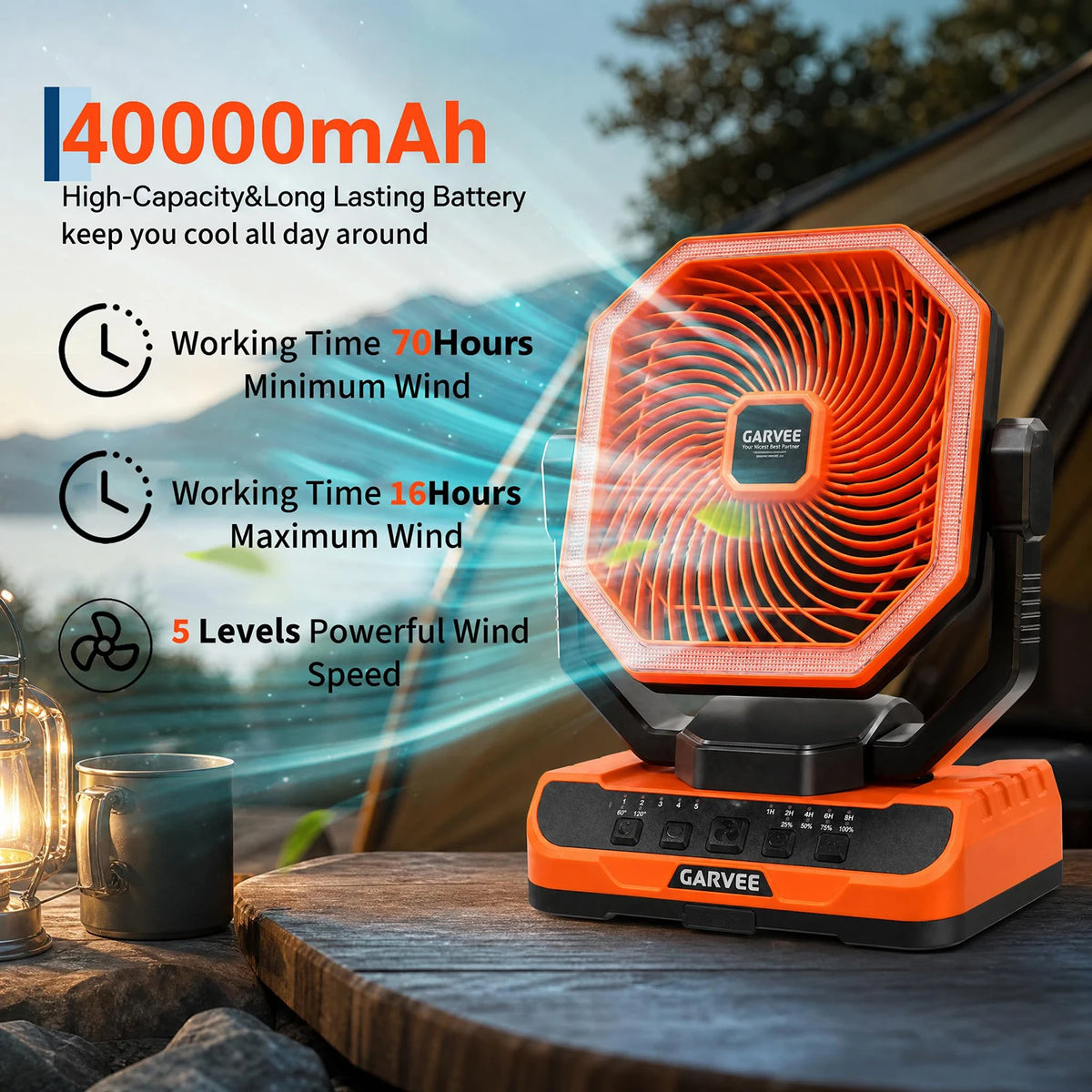 HiMISS Portable Camping Fan with LED Light Remote and Timer