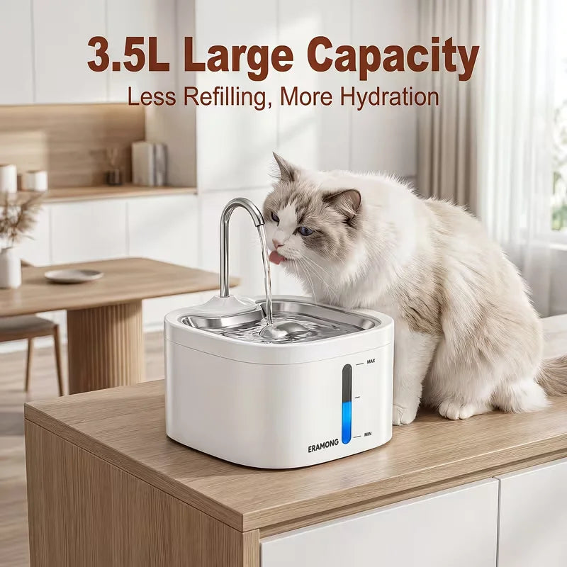 Automatic Cat Water Fountain With Stainless Steel Tray and Dispenser
