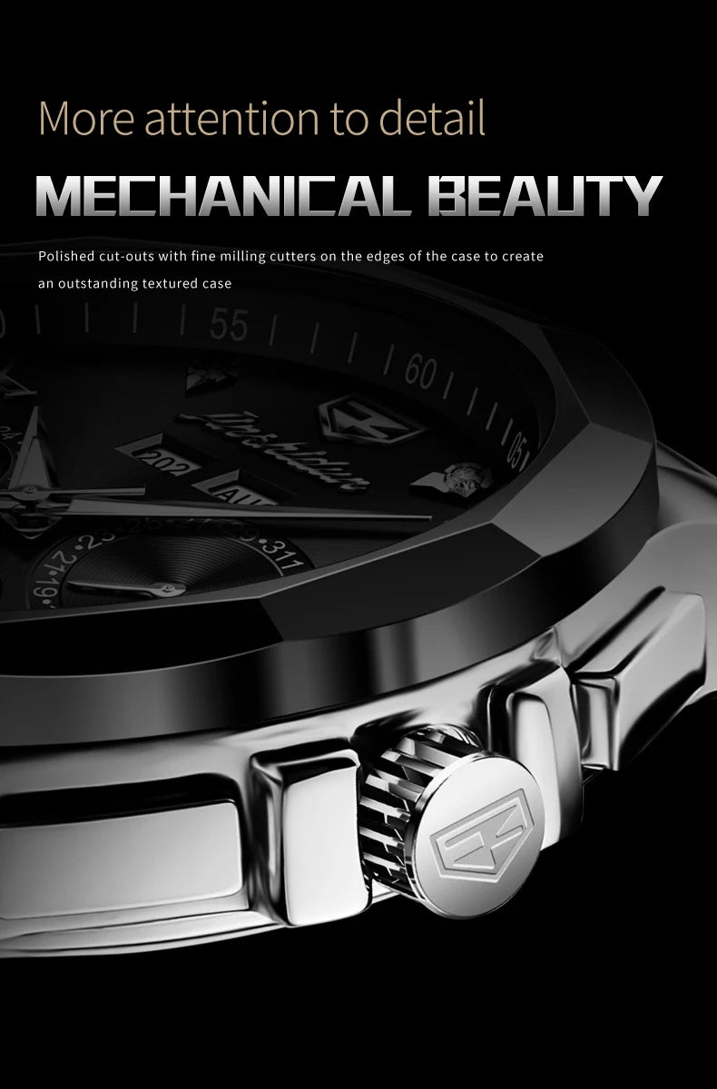 JSDUN Moon Phase Men's Automatic Watch Elegant Ceramic Strap Stainless steel Skeleton Chronograph Date TOP Brand Man Watches NEW
