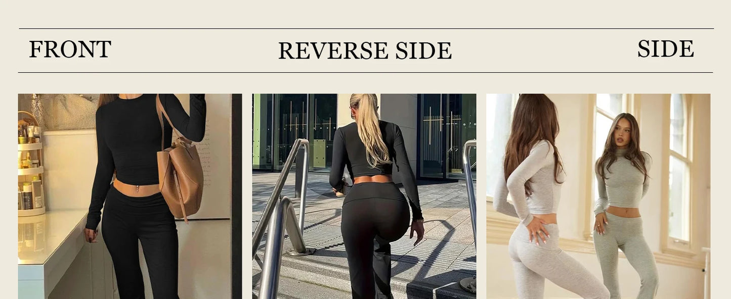 Womens Yoga Two Piece Set Long Sleeve Wide Leg Activewear