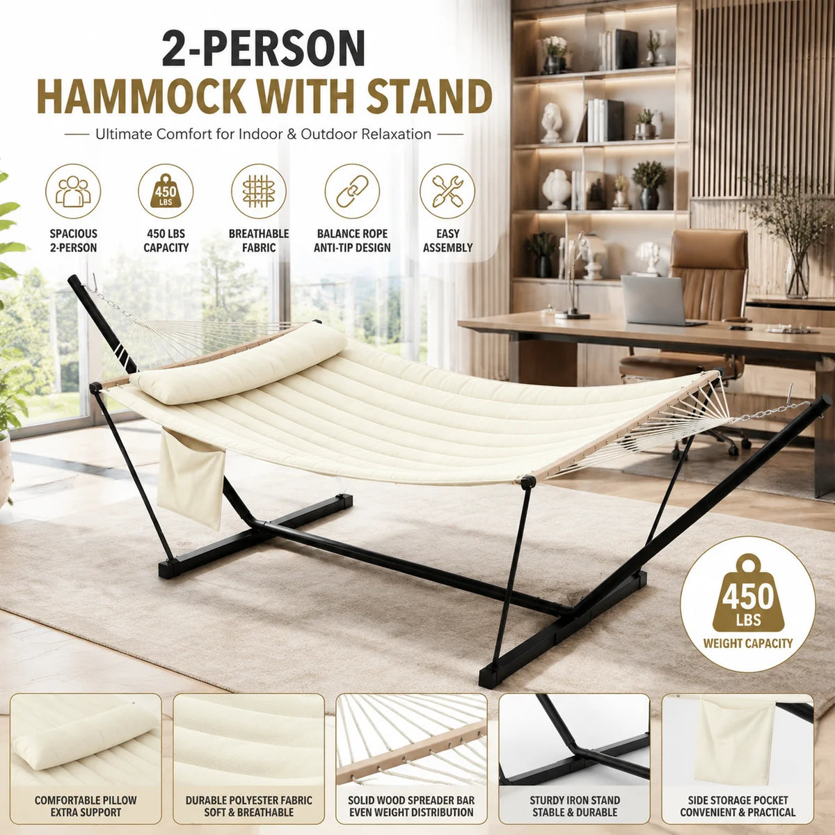 Hammock With Stand, Balance Rope And Pillow For Outdoor Relaxation