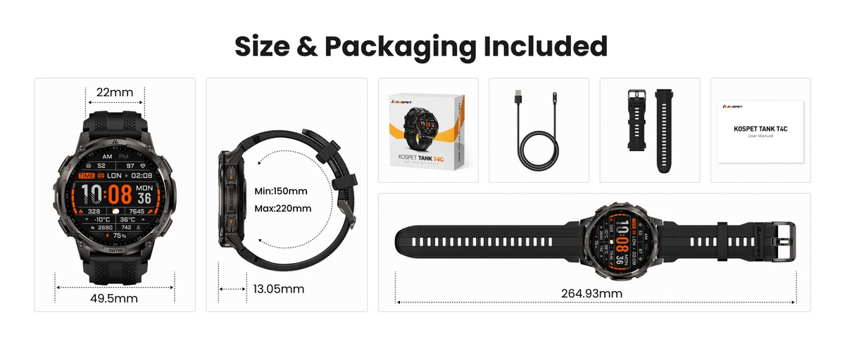 KOSPET Tank T4C Rugged Smartwatch With GPS Fitness Tracking