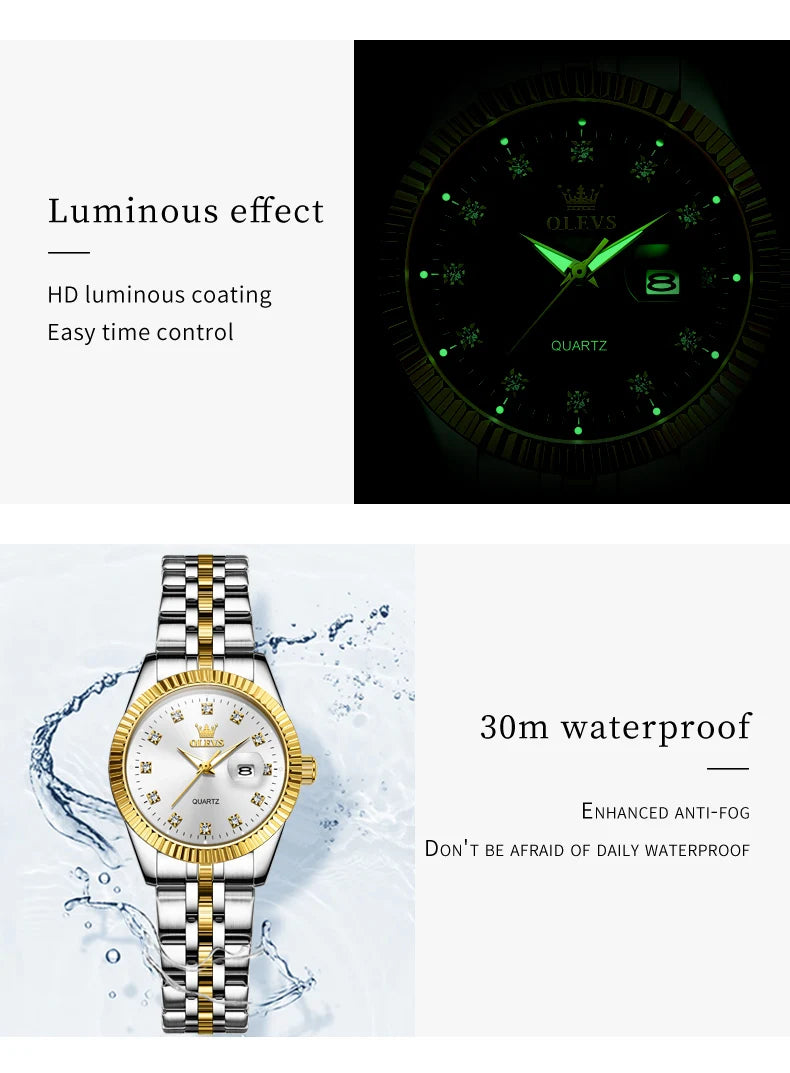 OLEVS Women's Watches Luxury Diamond Elegant Women Wristwatch Stainless Steel Waterproof Luminous Ladies Watch Jewelry Set