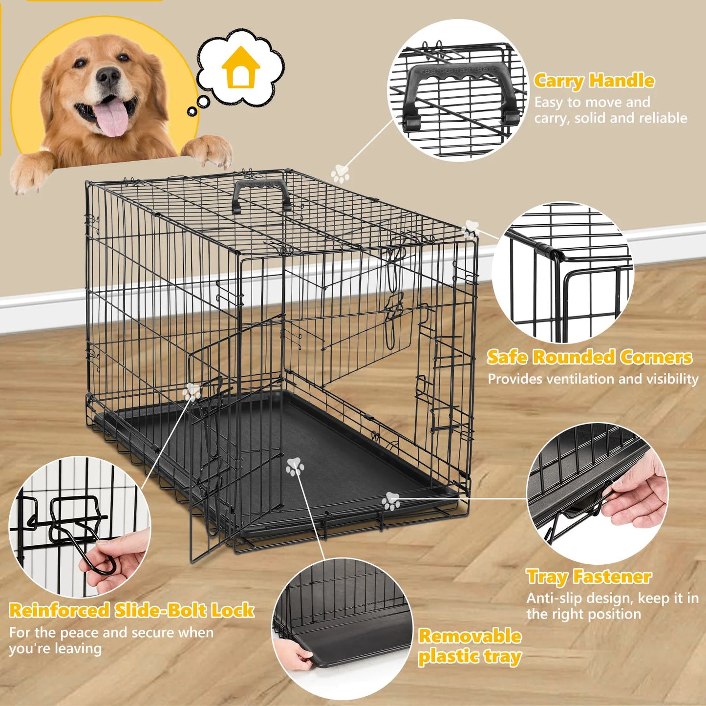JHK 48 Inch Double Door Folding Metal Wire Dog Cage with Plastic Leak-Proof Pan Tray Extra Large Pet Kennel for Outdoor Travel