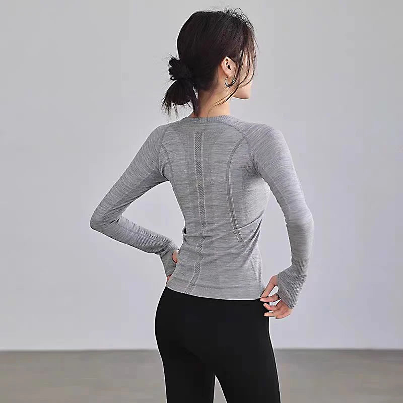 Women Yoga Tops Round Neck Seamless Running Shirt Nylon Elastane