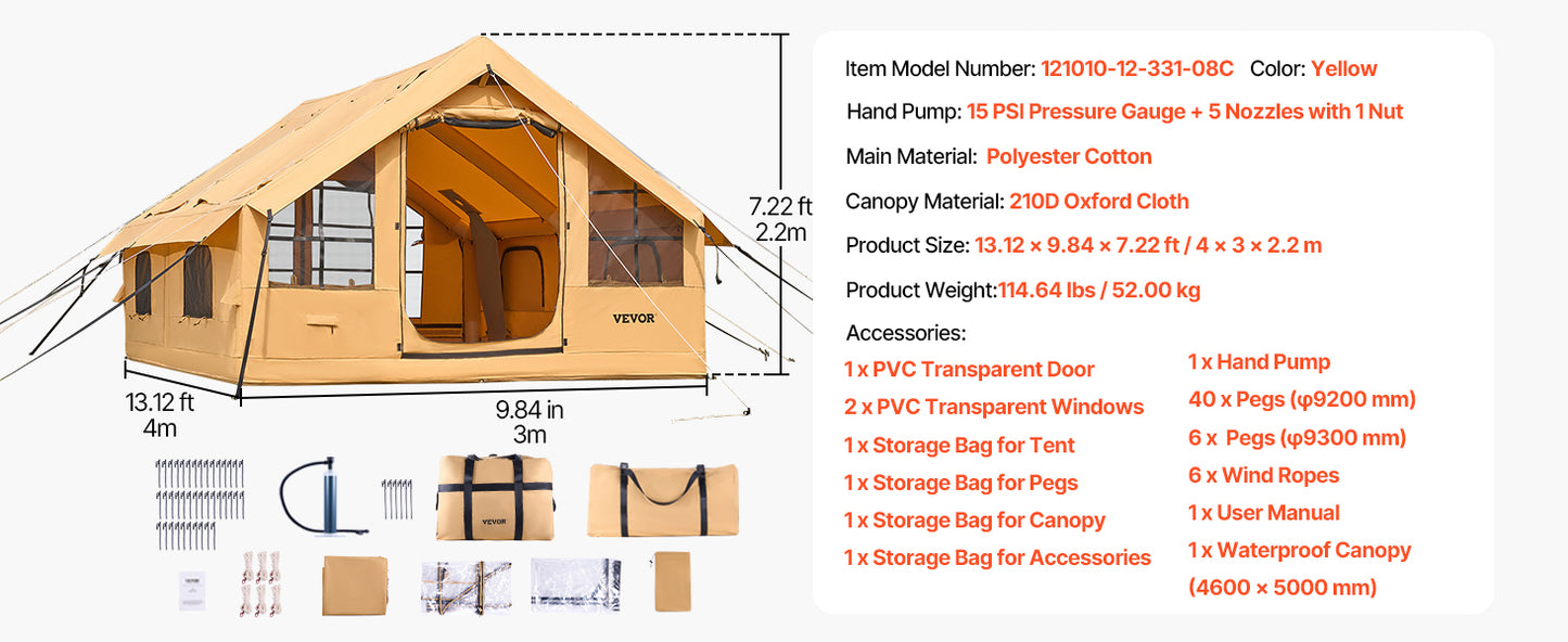 Vevor Inflatable Glamping Tent With Pump And Stove Jack