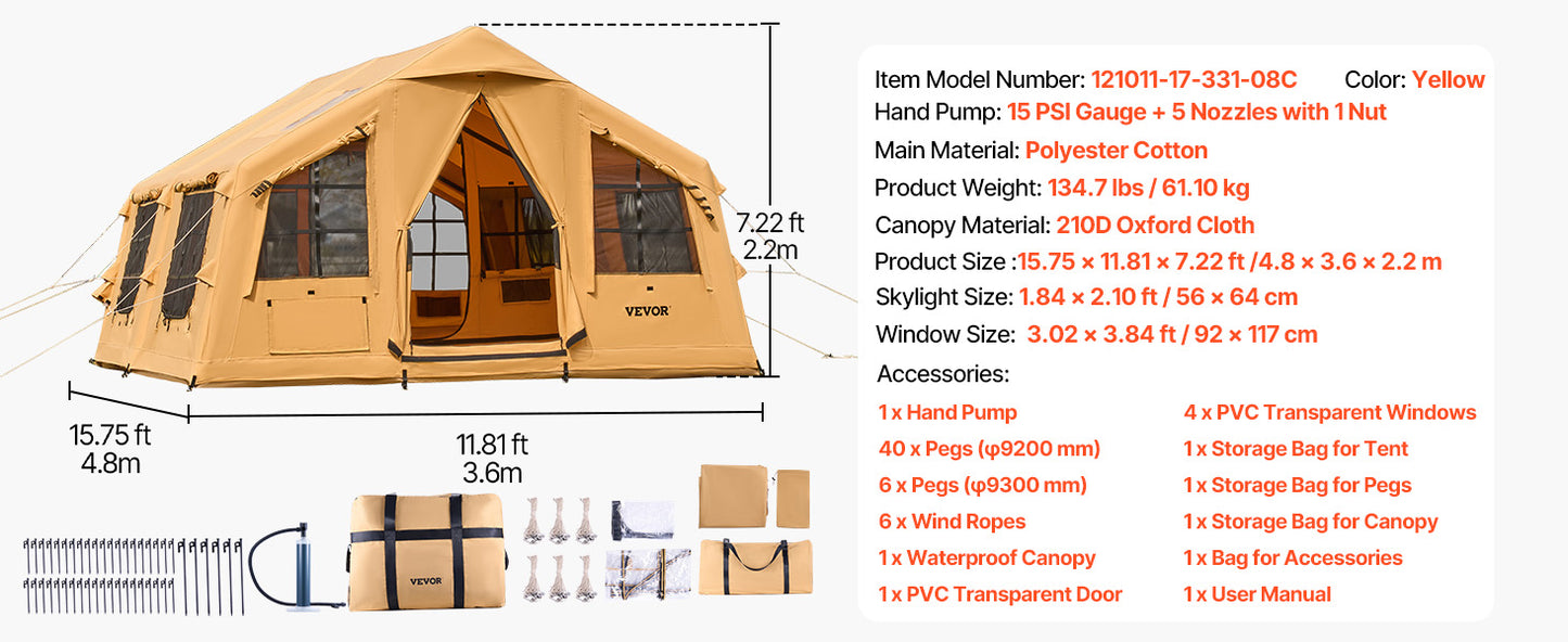 Vevor Inflatable Glamping Tent With Pump And Stove Jack